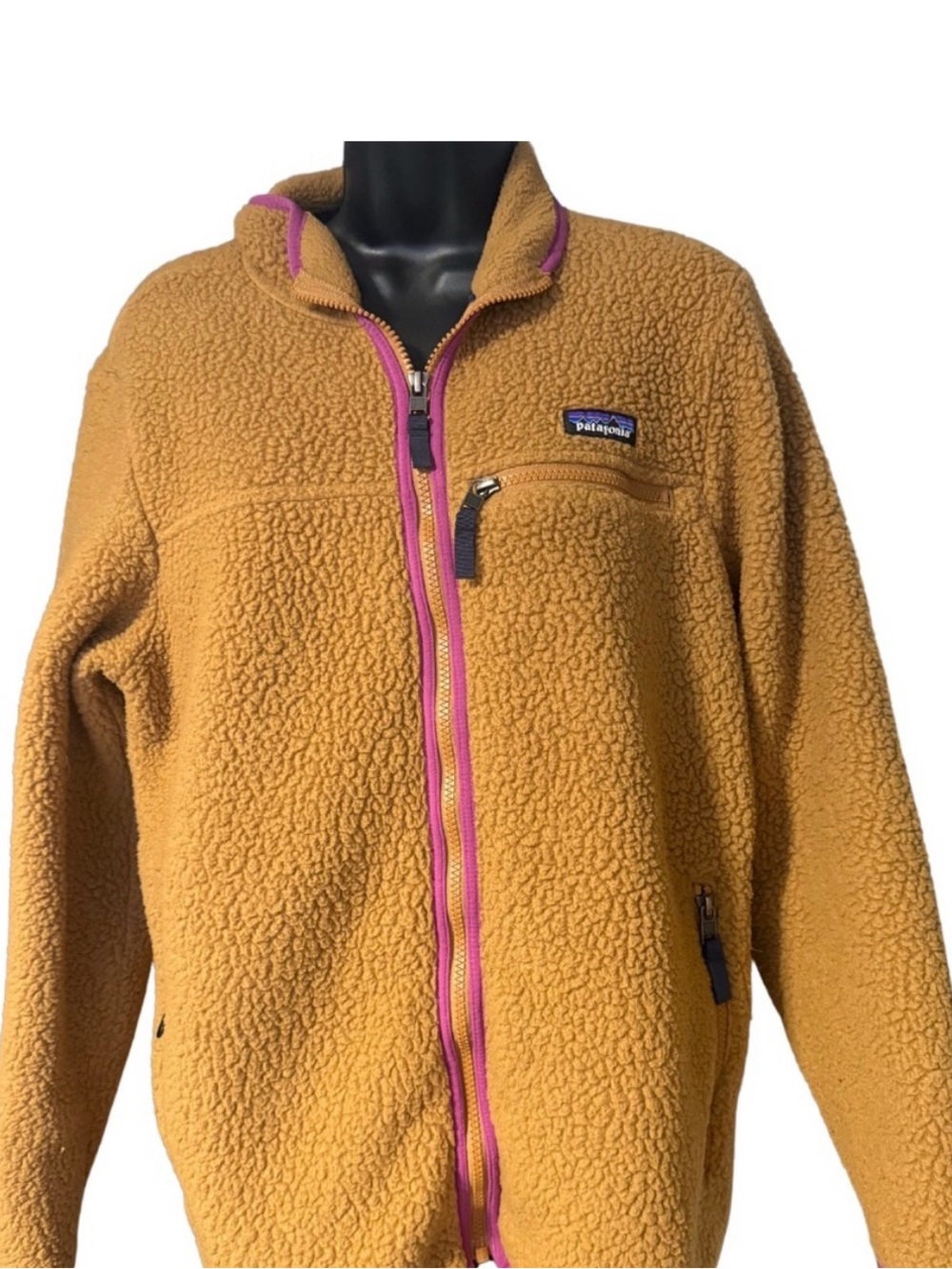 Patagonia Women's Mustard Yellow Teddy Fleece Jacket with Pink Trim